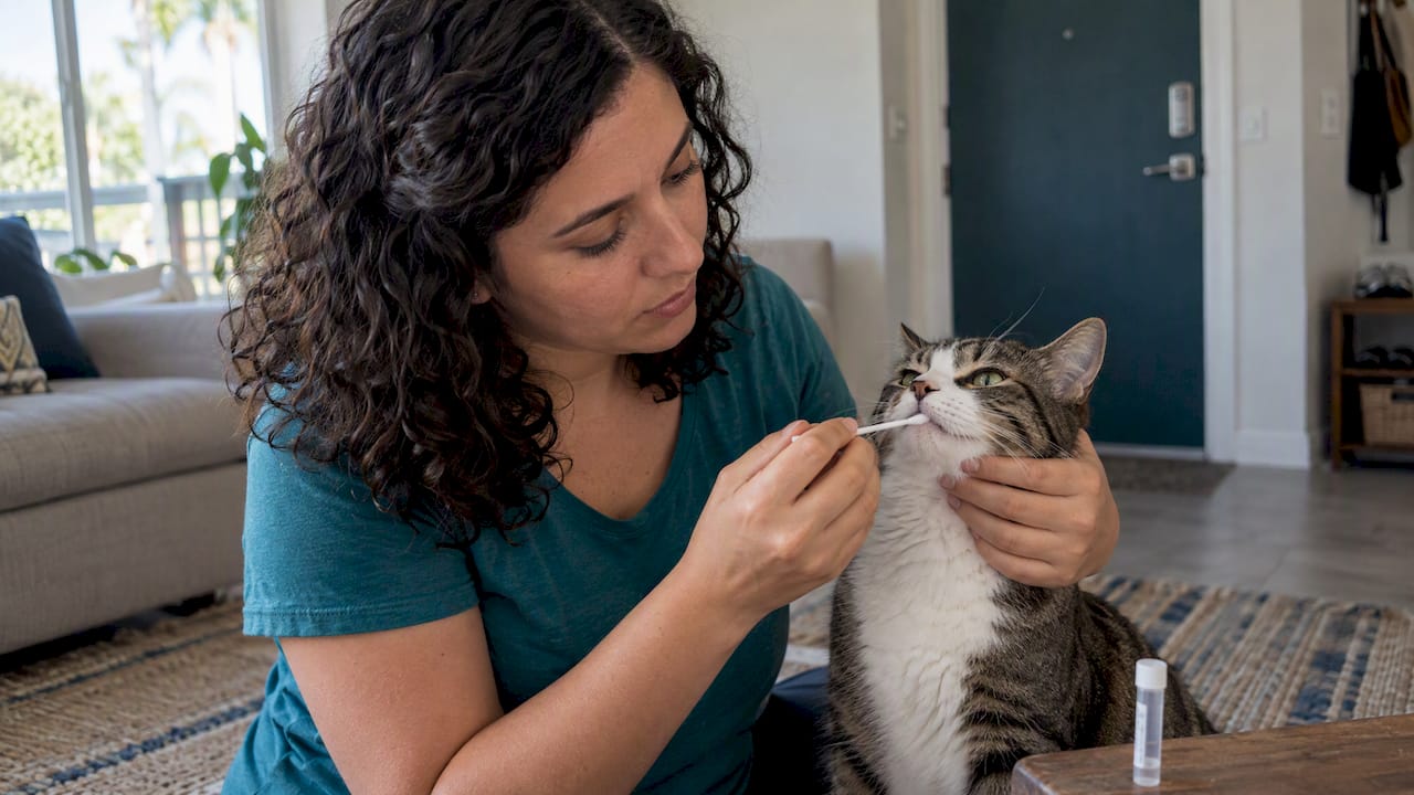 Renter collecting a cheek swab from her cat
