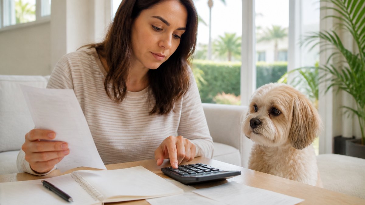 A woman sits at a table calculating average pet rent costs in South Florida while reviewing papers as a small dog watches her.
