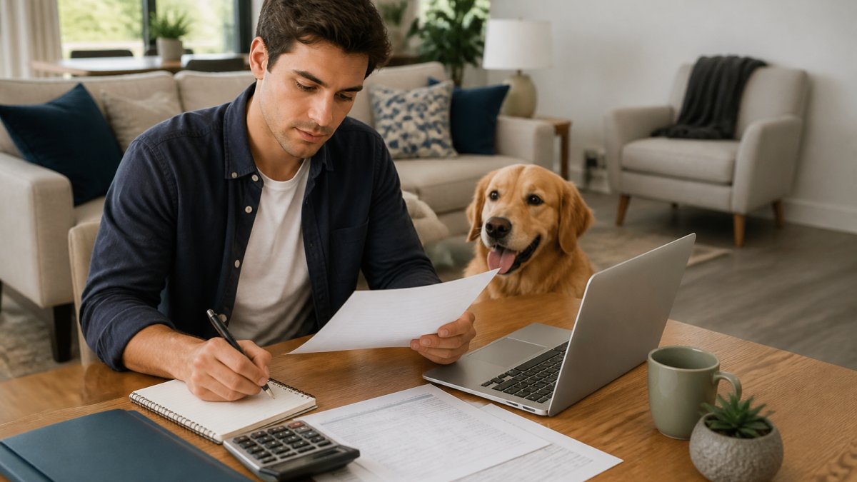 Young professional with a dog reviewing lease documents and rental budget on a laptop in a modern apartment living room