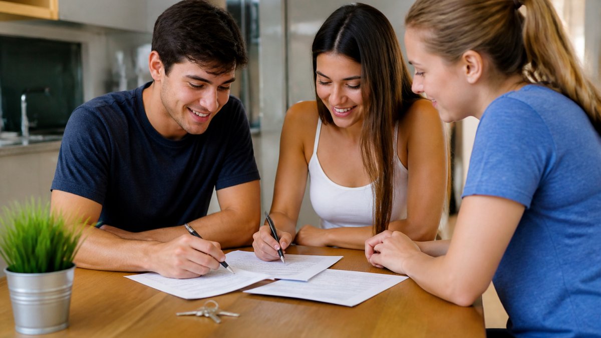 A man and two women sit around a table signing student housing lease agreements with house keys lying between them.