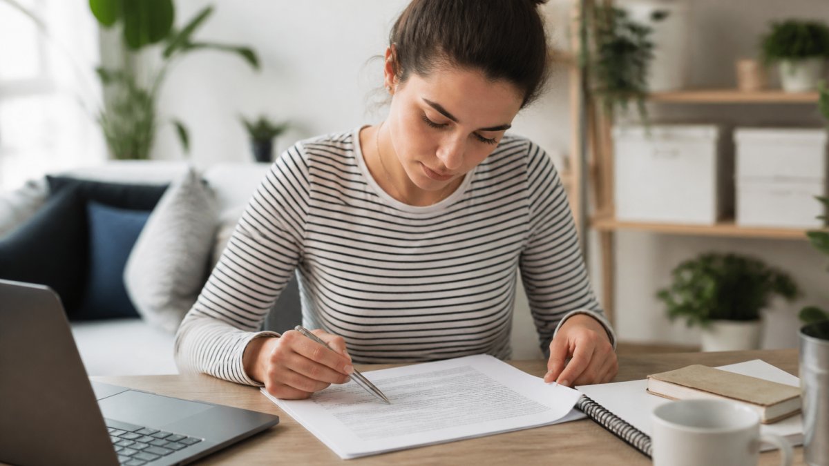 Student Housing Lease Agreements Explained 2 Student reviewing a printed lease agreement at a desk with a pen, notebook, and laptop nearby, highlighting the careful review process