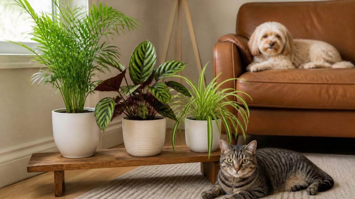 Low Light Plants Safe for Pets: 7 Picks for Apartments 2 A bright apartment living room corner with a parlor palm, calathea, and spider plant grouped on a low wooden stand, a cat resting on a nearby rug and a small dog on a sofa in the background