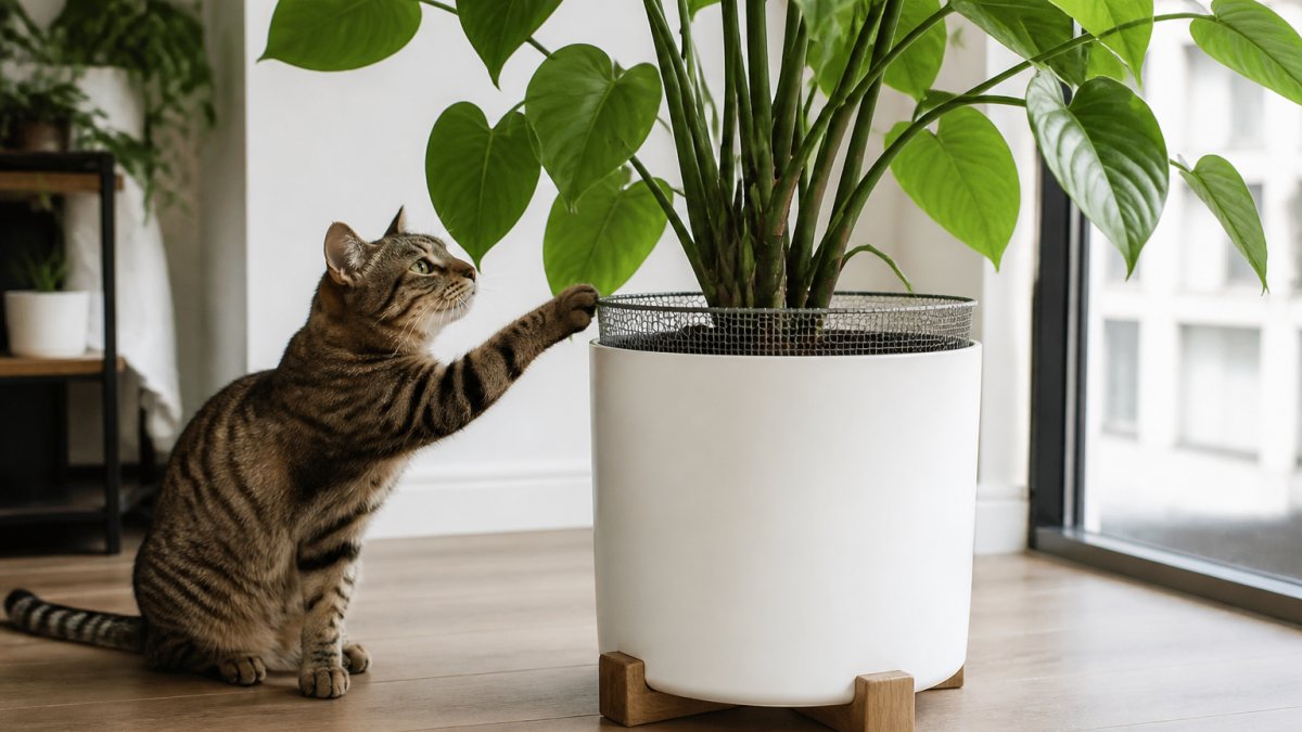 A tabby cat reaches out to touch the leaves of a large plant, showing why pet owners often look for ways to pet proof indoor plant pots.
