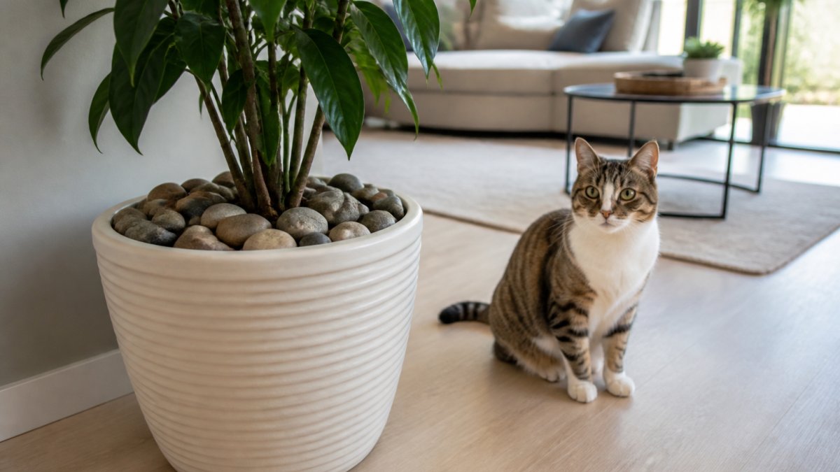 A close-up of a houseplant pot topped with smooth river stones, with a cat sitting calmly nearby on a light wood floor in a bright apartment living room