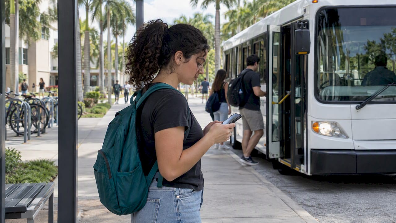 Student checking shuttle timing at campus stop
