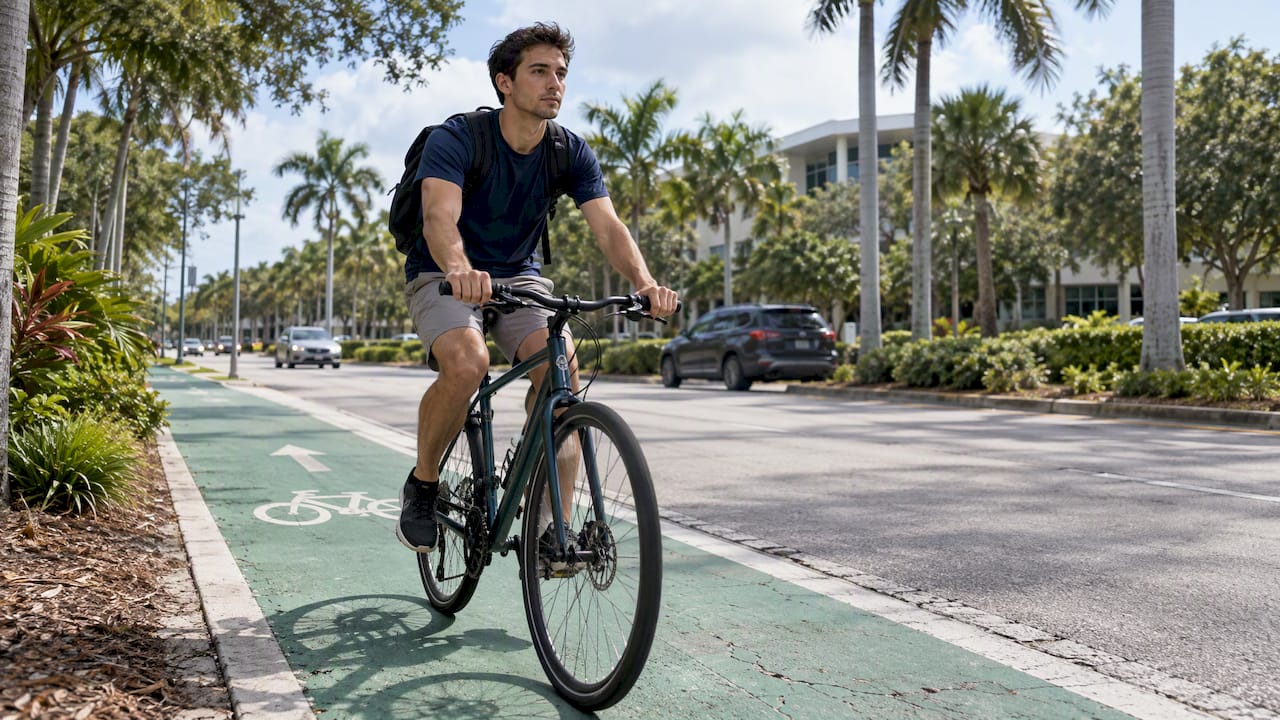 Student biking along a Boca Raton campus lane