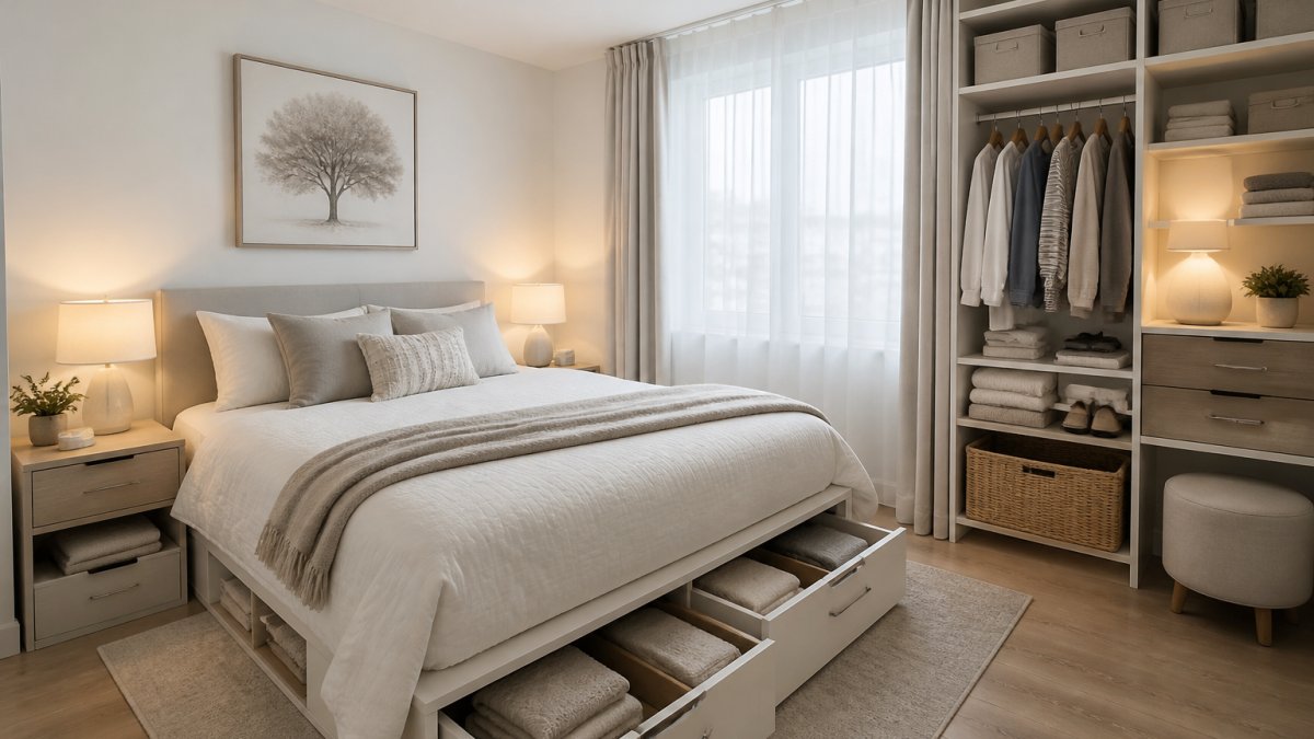 A bedroom designed to organize a small space, featuring a queen-sized bed with under-bed storage, two nightstands, and an open wardrobe system filled with folded clothes and hanging garments.