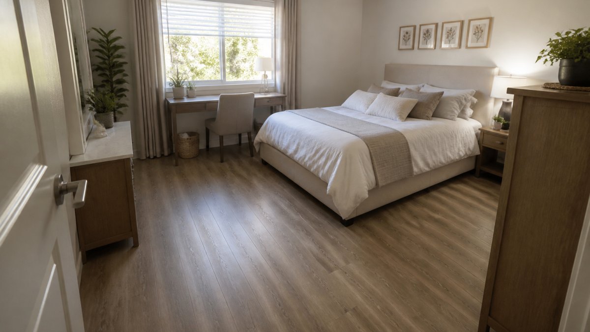 Cozy small bedroom with a queen bed positioned against the far wall, a compact desk beneath a window with natural light streaming in, and an open floor space in the center showing clear sightlines from the door to the window, creating an airy and functional layout
