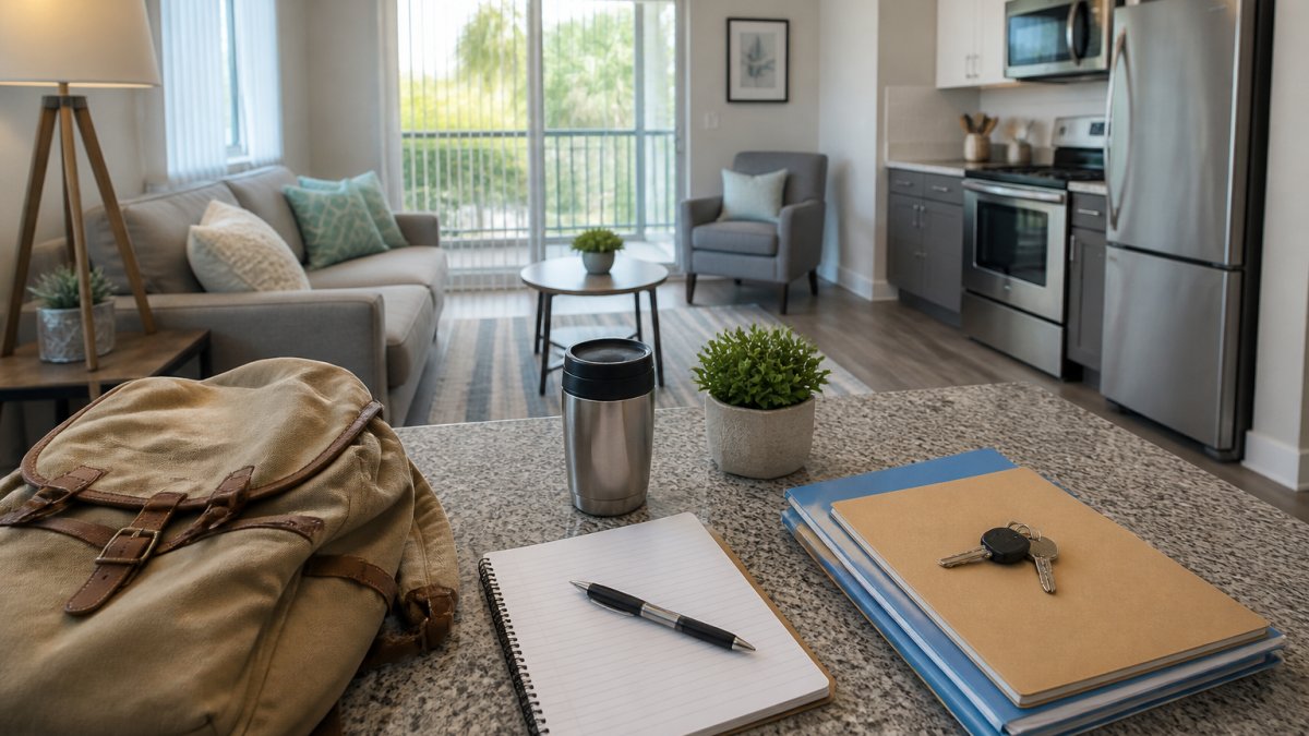 A backpack, spiral notebook, pen, travel mug, plant, and keys sit on a kitchen counter in this Boca Raton apartment, set against an open-concept living area.