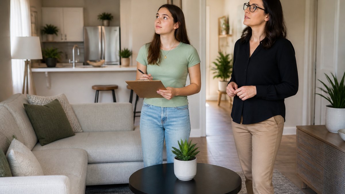 A college student holding a clipboard and pen while inspecting a bright, modern apartment living room with a property manager standing nearby