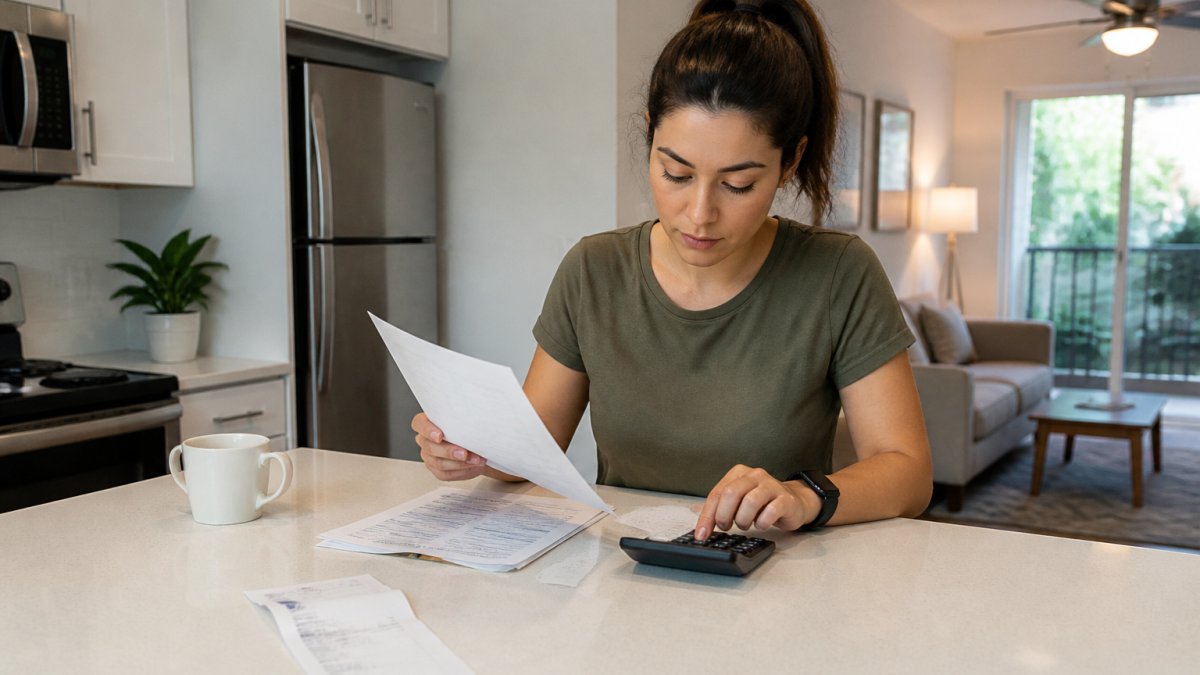 A woman sits at a kitchen counter reviewing documents and using a calculator to calculate the average utility costs for Boca Raton apartments.