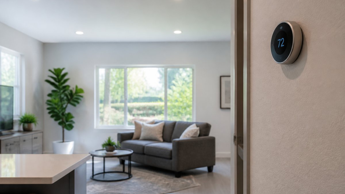 Average Utility Costs for Boca Raton Apartments 2 Modern apartment living room with energy-efficient LED lighting, a programmable thermostat visible on the wall, and natural sunlight streaming through clean windows