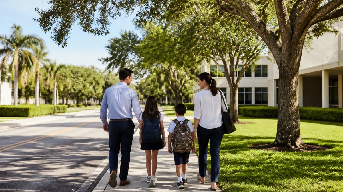 A family walks hand-in-hand with two children carrying backpacks along a sidewalk toward a school near Boca Raton.