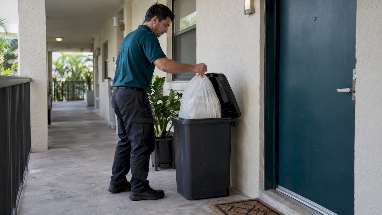 Worker collecting trash outside an apartment