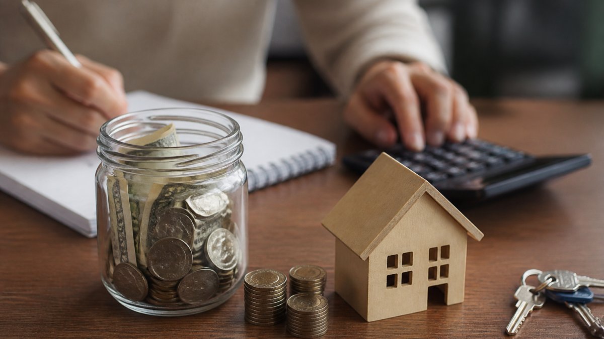 A glass jar of coins and cash sits on a table next to a small house model and keys, with a person calculating interest on a security deposit in the background.