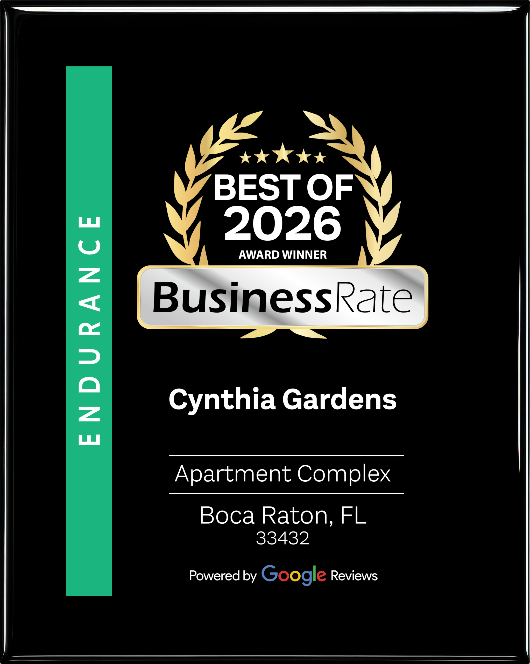 BusinessRate Best of 2026 Award Winner plaque, Cynthia Gardens Apartment Complex, Boca Raton FL 33432