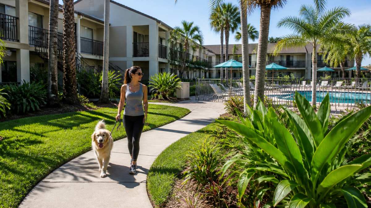 A sunlit garden-style apartment community in South Florida with low-rise buildings, lush tropical landscaping, a walking path, and a resort-style pool in the background, with a young professional walking a dog on the path