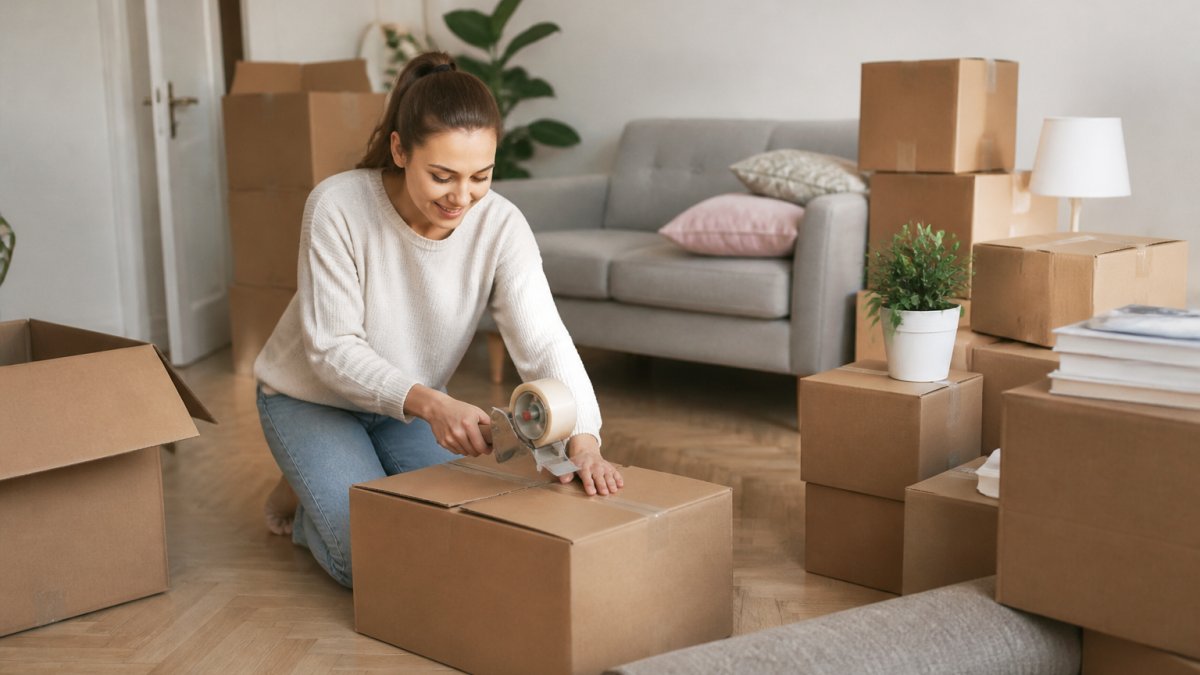 A woman kneeling on the floor seals a cardboard box with a tape dispenser, surrounded by other packed boxes in a room, following moving tips for FAU off-campus housing.