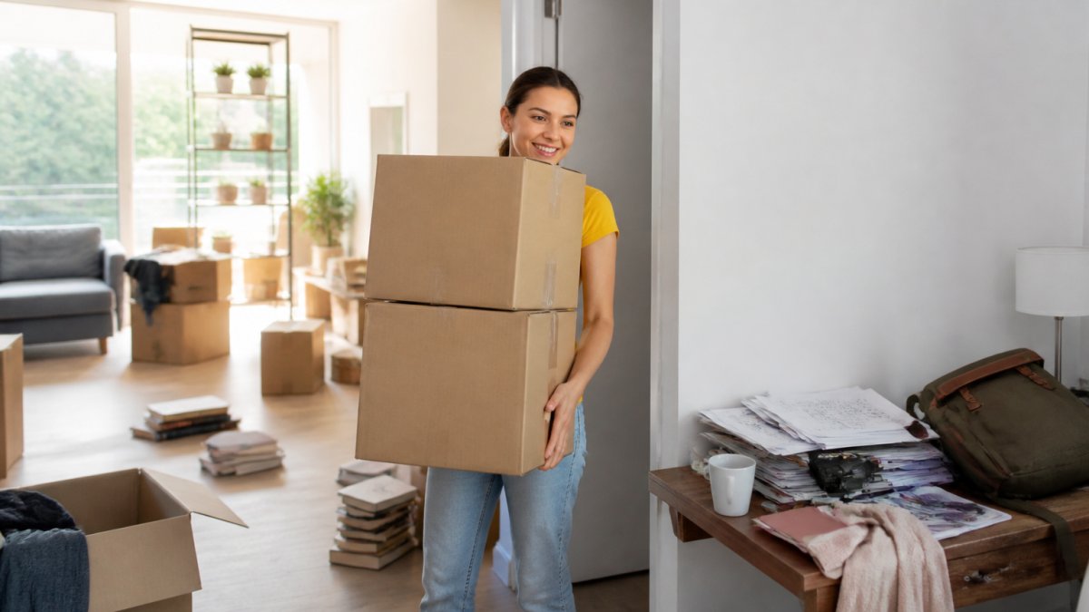 Student carefully carrying stacked moving boxes into a bright, modern apartment with natural sunlight streaming through large windows, a clipboard with a moving checklist visible on top of one box