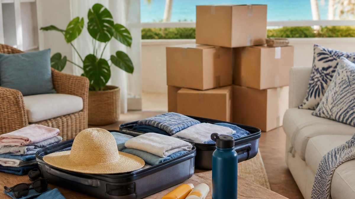 An open suitcase packed with folded clothes suitable for a coastal climate and a straw hat rests on a table, with cardboard moving boxes stacked in the background.