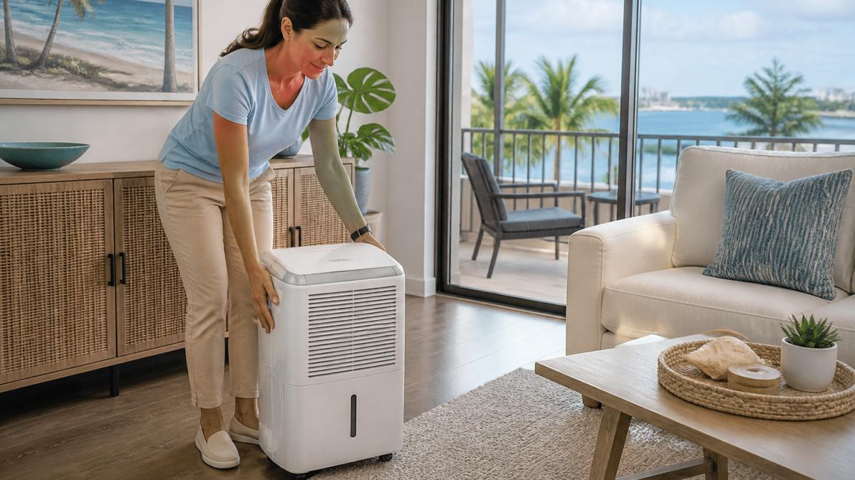 How to Prepare for Moving to a Coastal Climate 2 A person placing a dehumidifier in a bright, airy apartment living room with large windows and coastal decor