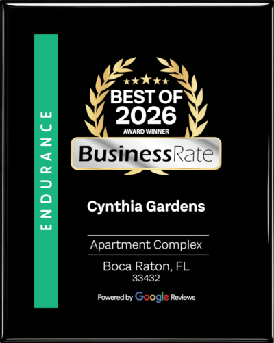 BusinessRate &ldquo;Best of 2026&rdquo; award plaque for Cynthia Gardens, a Boca Raton apartment for rent, powered by Google Reviews.