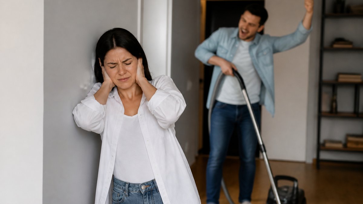 A woman covers her ears and leans against a wall to avoid noise complaints while a man behind her shouts and holds a vacuum cleaner.