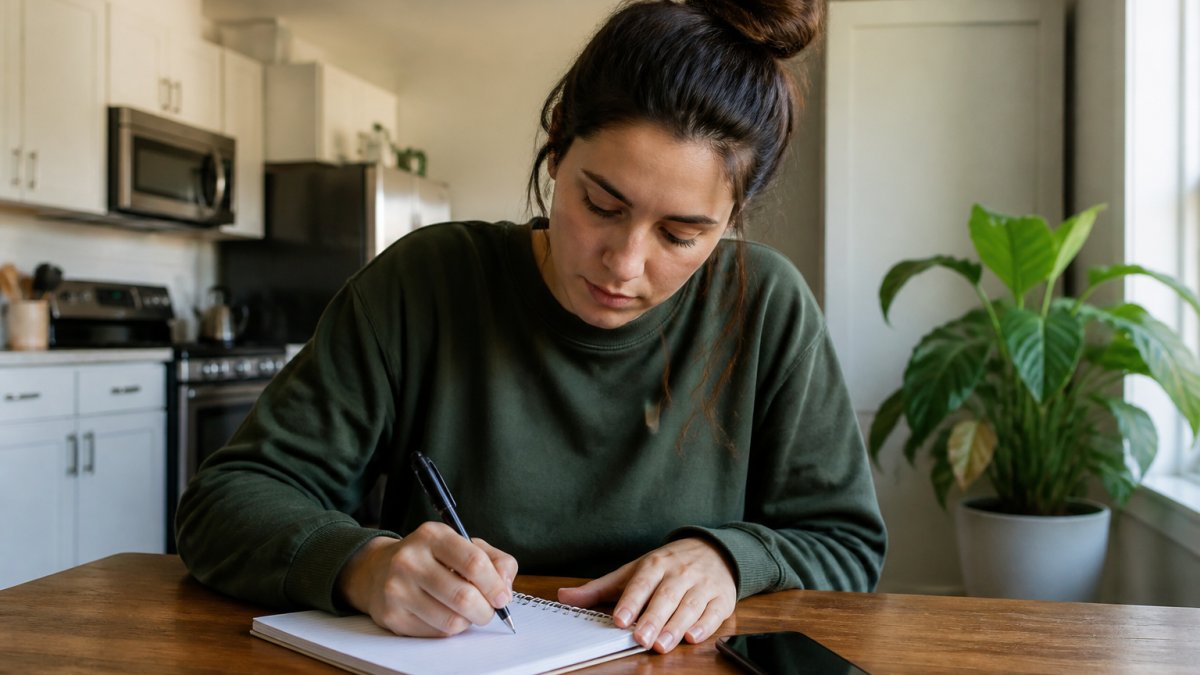 A renter sitting at a kitchen table with a notebook, pen, and smartphone, writing down the time and details of a noise disturbance, calm apartment interior in the background