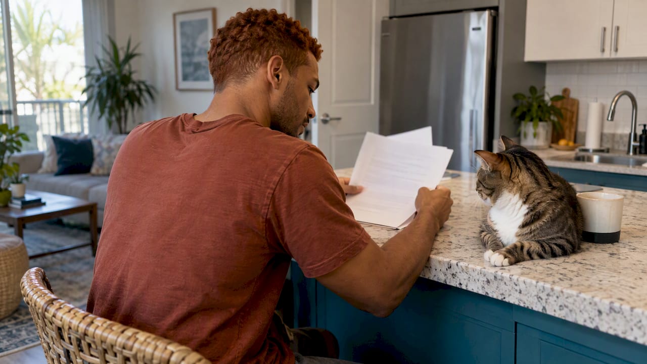 Renter reviews pet charges beside his cat