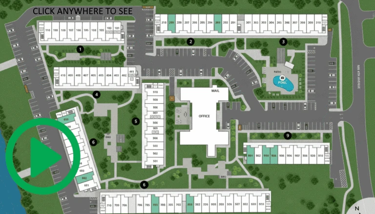 Site map of Boca Raton apartments for rent, showing building layouts, parking, a pool, and the leasing office, with a play button icon in the bottom left.