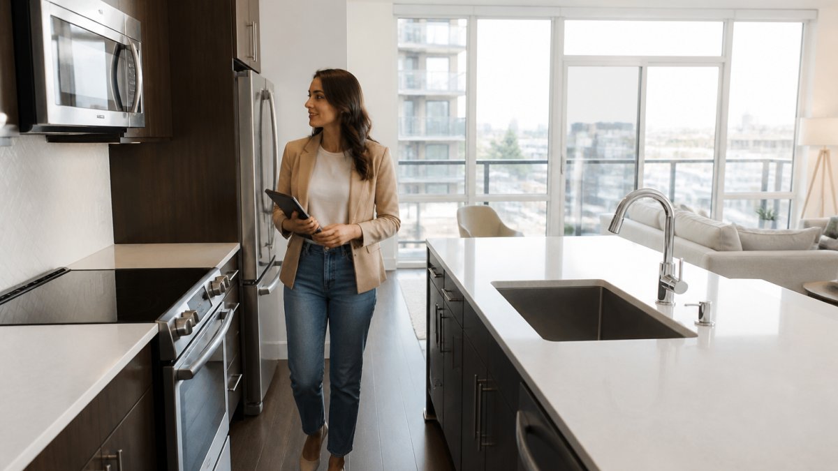 Young professional walking through a modern apartment with open floor plan, examining stainless steel appliances and quartz countertops in natural light from floor-to-ceiling windows