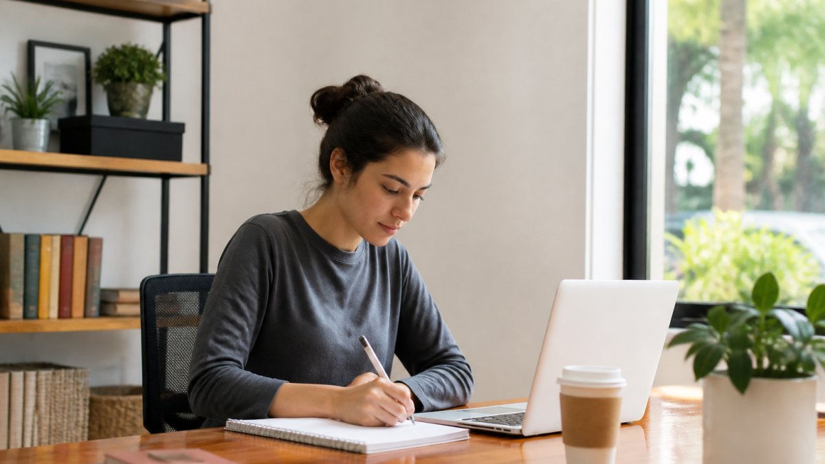 Student focusing on a laptop in a quiet, sunlit study area with modern student apartment amenities.