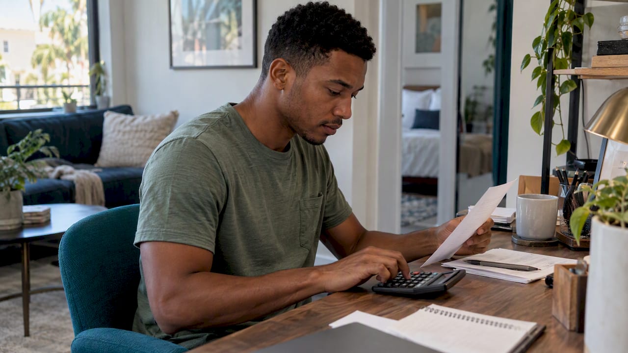 Renter calculating monthly rent affordability at home
