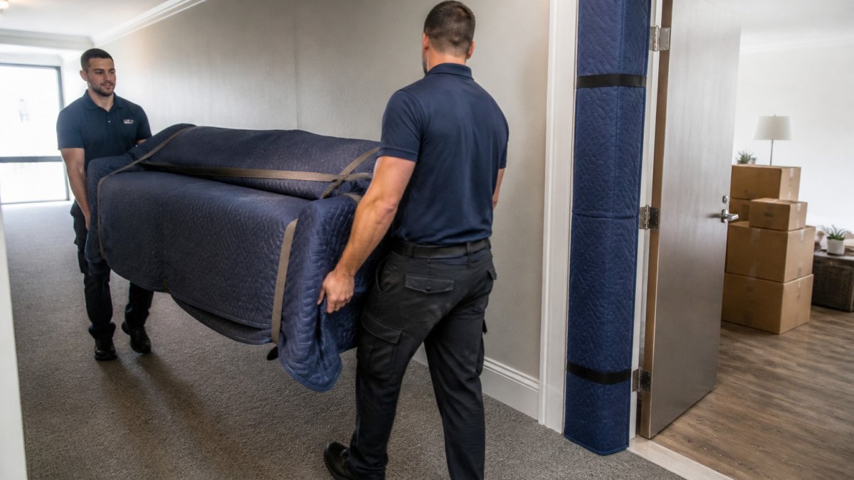 Movers carefully carrying a sofa through a hallway in quiet apartments FAU to prevent noise