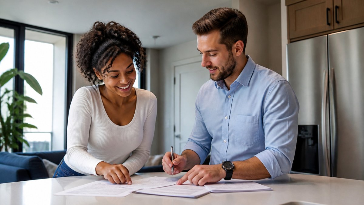 A smiling couple sitting at a kitchen counter reviewing and signing documents to qualify for a rental.