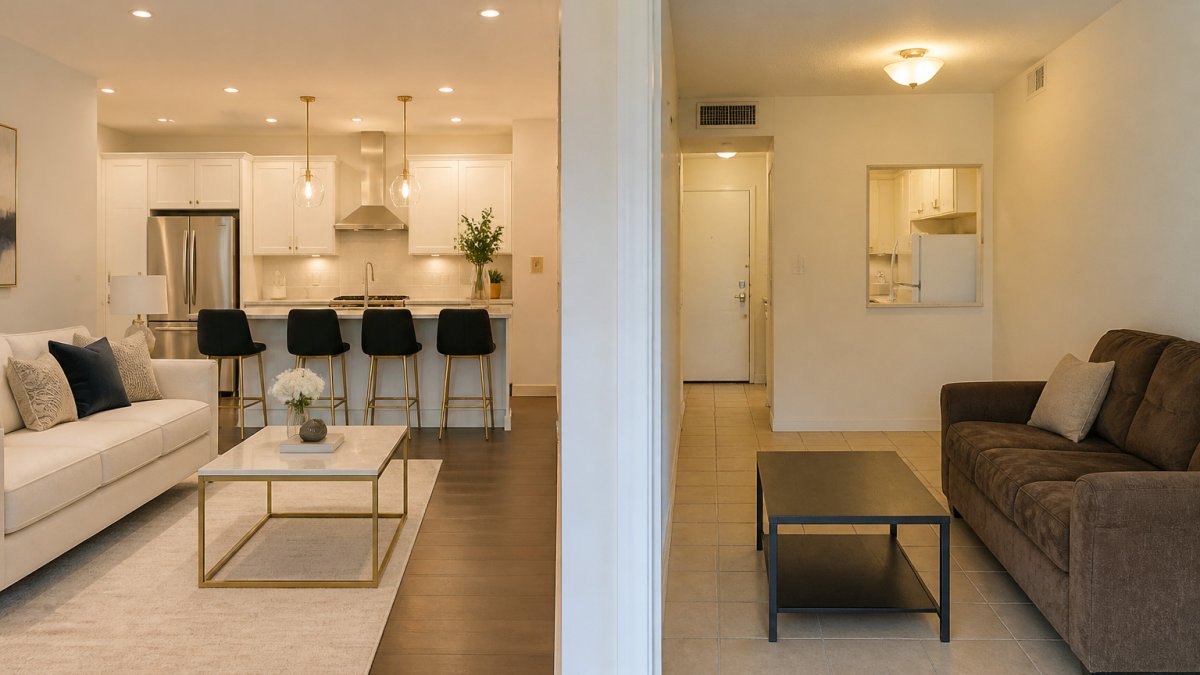 Split-screen view showing a bright, modern living room and kitchen on the left as luxury rentals, and a smaller, separate living area with a brown sofa on the right representing budget renting.